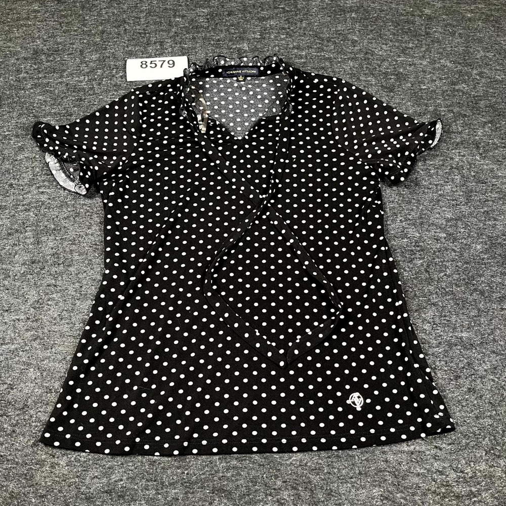 Adrienne Vittadini Blouse Top Womens Small Black Polka Dot Stretch Ruffle Neck‎